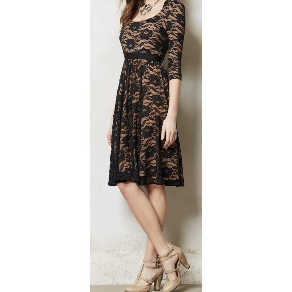 MARCBOUWER ANTHROPOLOGIE Lace Sava Dress Size 12 knee Black Stretch Zipper Lined - Picture 2 of 15